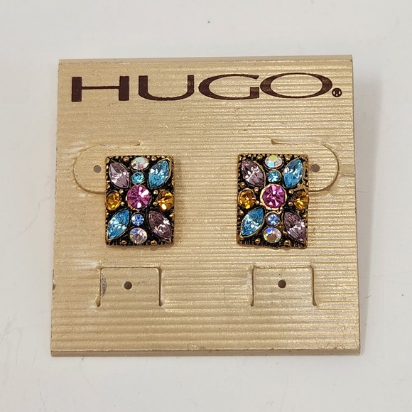 Hugo Multi Color Crystal Encrusted Post Earrings Pastels Rectangle Statement - Picture 1 of 4